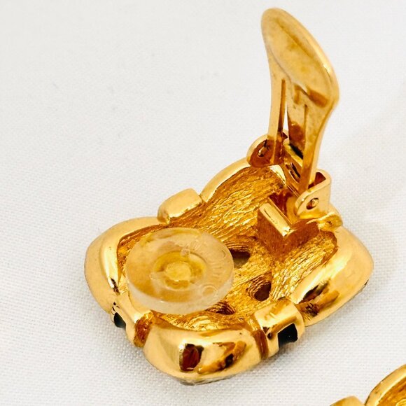 Vintage Christian Dior Gold Tone Faceted Rhinestone/Black Enamel Clip Earrings - Picture 7 of 9